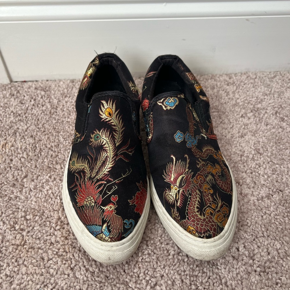 Black and gold multicoloured slip on sneakers with dragon detail